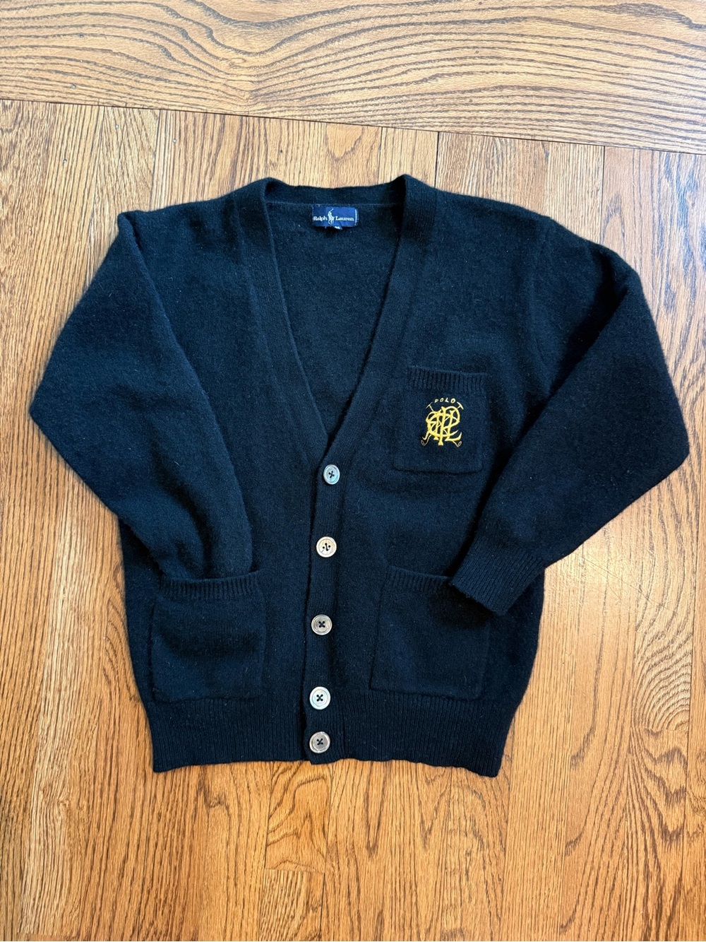 Polo by Ralph Lauren Black V-Neck Cardigan with Gold Crest